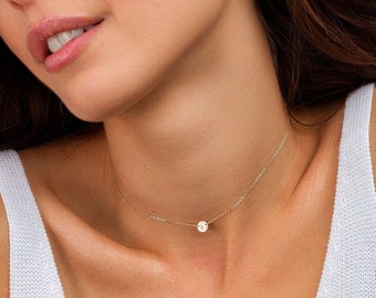 Tiny Disc Chain Choker - Personalized Initial Necklace in Sterling Silver or 14k Gold