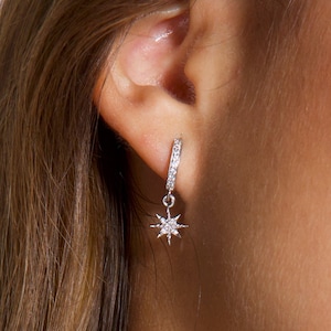 Starburst Huggie Hoop Earrings - Sterling Silver Tiny Earrings