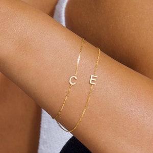 14k Solid Gold Initial Bracelet, Personalize 14k Gold Jewelry, Custom Letter Bracelet, Personalized Jewelry, Initial Bracelet, Gold, Silver image 1