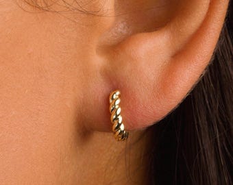 Twist Huggie Earrings - Gold over 925 Sterling Silver Minimalist Tiny Hoops