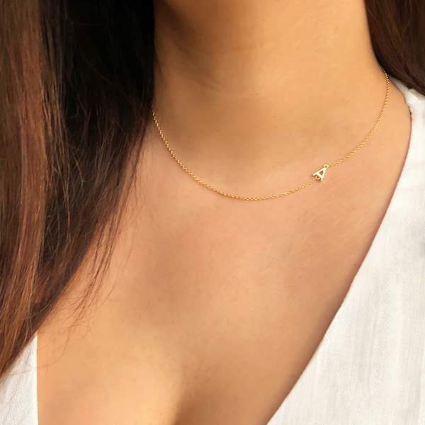 14k Gold Letter Necklace, Solid Gold Initial Necklace, Letter Necklace, Sideways Necklace, Tiny Letter Necklace, Dainty Letter Necklace