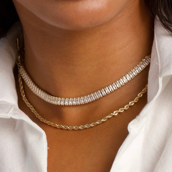 14K Gold Tennis Baguette Necklace, Cubic Zirconia Choker, Diamond Tennis Necklace, Gift For Her, Diamond Necklace Gift, Gold Diamond Chain