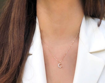 14k Gold Filled Moon Necklace, Sterling Silver Moon Necklace, Crescent moon necklace, Half moon necklace, Diamond Moon Necklace, Silver Moon