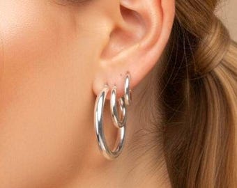 Sterling Silver Layering Hoop Set - 14K Gold Tiny Medium Large Earrings