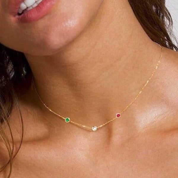 14k gouden ketting familiegeboortesteen, sierlijke geboortesteen edelsteenketting, cadeauketting voor moeder, zus, bruidsmeisjes, geboortesteensieraden