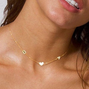 Collar de oro macizo de 14 k con colgante de corazón y letra lateral, regalo para collar de esposa, collar de letra personalizado para mujer en oro de 14 k, regalo
