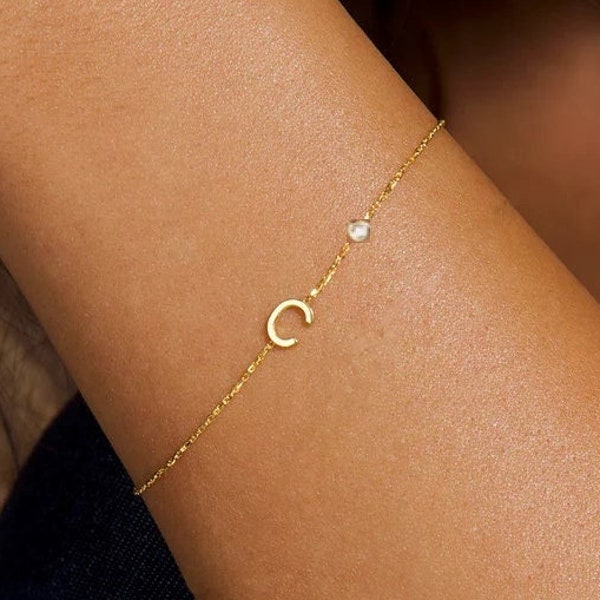 Pulsera de diamante de oro macizo de 14k, pulsera inicial, pulsera de carta personalizada, pulsera inicial personalizada, regalo de cumpleaños, regalo personalizado,