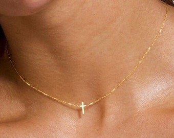 Dainty Cross Choker, 14k Solid Gold Cross Necklace, Gold Cross Necklace, Cross Pendant Choker, Gold Choker Gift Necklace, 14k Necklace Gift