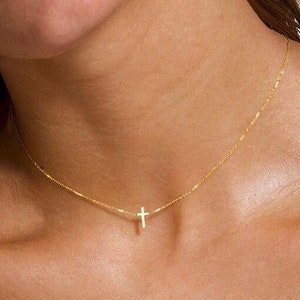 Dainty Cross Choker, 14k Solid Gold Cross Necklace, Gold Cross Necklace, Cross Pendant Choker, Gold Choker Gift Necklace, 14k Necklace Gift image 1