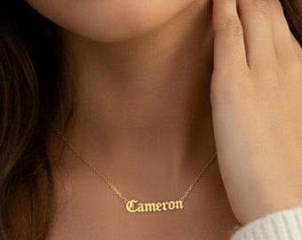Gothic Old English Nameplate Necklace in Sterling Silver and 14k Gold