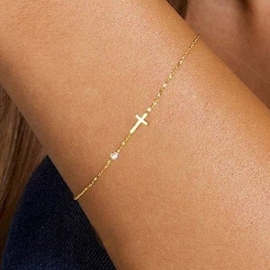 Gold Cross with Diamond Bracelet, Cross Gift Bracelet, 14k Solid Gold Bracelet with Diamond and Cross, Gold Cross Bracelet Gift, Cross Gift image 1