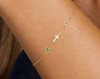 Pulsera de cruz con piedra de nacimiento en oro de 14 k, pulsera de piedra de nacimiento con mini cruz, regalo de cumpleaños y pulsera de piedra de nacimiento para mujer, regalo