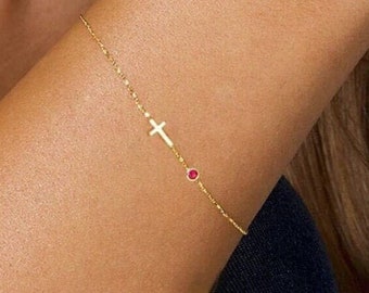Cross Bracelet with Birthday Gemstone, Birthstone Bracelet with Crystal, Emerald, Ruby, Sapphire, Tiny Cross Birthstone Bracelet, Gift Stone