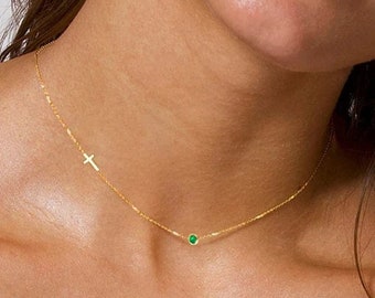 Sideways Cross with Birthstone Necklace in Gold, Dainty Gemstone Cross Necklace, Birthday Cross and Birthstone Necklace for Women, Necklace