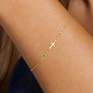 Bracelet Croix avec Pierre de Naissance en Or 14k Rempli, Bracelet Mini Croix Pierre de Naissance, Cadeau d'Anniversaire et Bracelet Pierre de Naissance pour Femme, Cadeau image 1