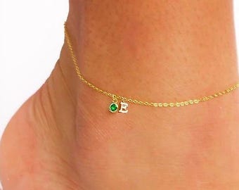 Initial Birthstone Anklet - Dainty Gold Silver Alphabet Ankle Bracelet