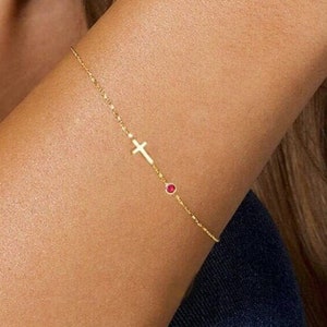Cross Bracelet with Birthday Gemstone, Birthstone Bracelet with Crystal, Emerald, Ruby, Sapphire, Tiny Cross Birthstone Bracelet, Gift Stone