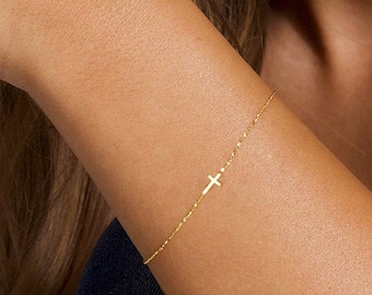 Cross Bracelet, Gold Cross Bracelet, Cross Jewelry, Gift for Her, Gift Bracelet, 14k Solid Gold Bracelet, Tiny Cross Bracelet Gift