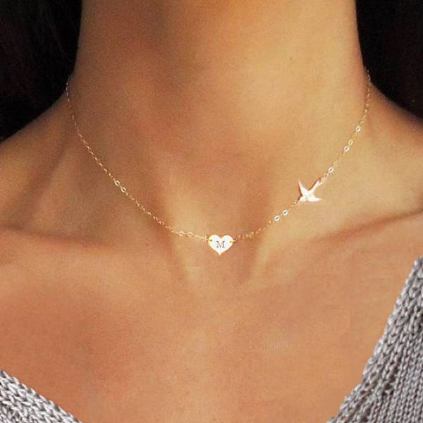 Gold Bird Necklace, Bird Necklace, Heart Charm Necklace, Custom Necklace Gold, Flying Bird Necklace, Gift For Her, Delicate Bird Necklace