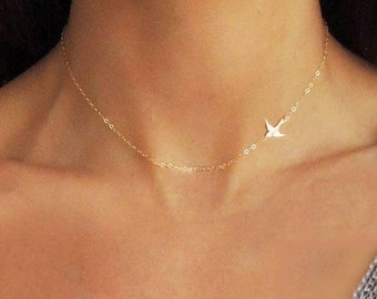 Gift For Women, Bird Necklace, Animal Necklace, Dainty Necklace, Tiny Gold Necklace, Gold Necklace, Tiny Necklace, Bird Choker, Gift for Her