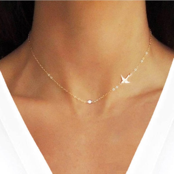 Diamond Necklace, Bird Necklace, Diamond Choker, Tiny Diamond Bird Choker, Delicate Necklace, Diamond Jewelry,Tiny Necklace,Tiny Choker