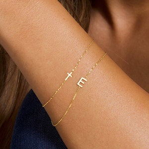 Tiny Cross Bracelet, Personalized Gift Bracelet, Gold Letter Bracelet, Cross Bracelet, Gift for Her, Dainty Gold Bracelet, Bracelet for Her