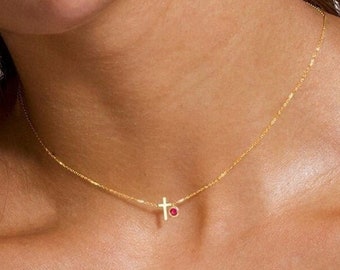 Tiny Cross and Birthstone Pendant Gift Necklace, Birthstone and Cross Gift Choker, Necklace Gift for Mom, Daughter, Cross and Birthstone