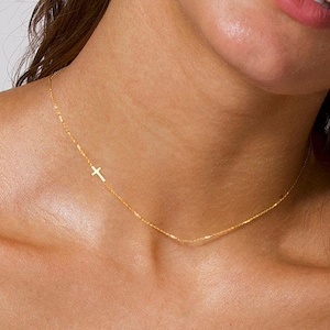 Sideways Cross Necklace, Dainty Gold Cross Necklace, Gift for Her, Cross Choker Necklace, Tiny Cross Gift for Her, Gift for Women, Necklace image 1