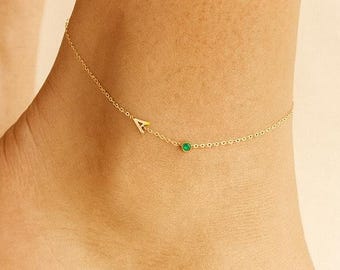 Tiny Letter Gemstone Gold Anklet - Personalized Initial Birthstone Body Jewelry