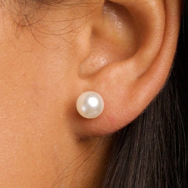 Large Pearl Studs, Big Pearl Studs, 8mm Pearl Earrings, Holiday Pearl Earrings, Winter Pearl Stud Earrings, Bridesmaids Pearl Earrings