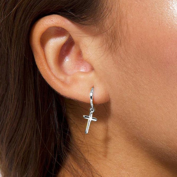 Silver Cross Huggies, Silver Earrings, Silver Hoop Earrings, Earrings with Cross, Hanging Hoop Earrings, Silver Hoop Earrings, Dainty Hoops