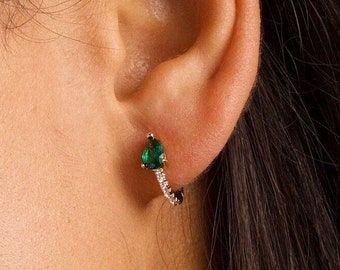 Emerald Charm Hoop Earrings - CZ Paved - Gold Sterling Silver Huggies