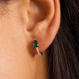 Emerald Charm Huggies, Emerald Paved Hoop Earrings, Emerald Huggies, CZ Huggies, Gold Filled Emerald Hoop Earrings, Emerald Jewelry for Her