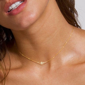 Dainty Cross Choker, 14k Solid Gold Cross Necklace, Gold Cross Necklace, Cross Pendant Choker, Gold Choker Gift Necklace, 14k Necklace Gift image 3