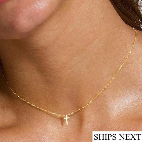 Dainty Cross Choker 14k Solid Gold Cross Necklace Gold Cross Etsy