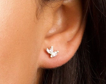 Tiny Petal Flower Gold Studs, Marquise Flower Stud Earrings, CZ Dainty Studs, Small Gold Sparkly Studs, Gold Tiny Flower Studs, Dainty Studs
