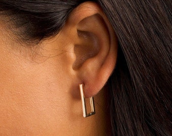 Gold Rectangle Hoop Earrings - Sterling Silver Minimalist Geometric Hoops