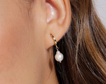 14k Gold Pearl Drop Hoop Earrings - Bridal Summer Jewelry