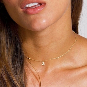 Gold Beaded Satellite Chain Necklace with Letter Pendant for Bridesmaids, Satellite Choker Necklace, Gold Layering Necklace, Choker Necklace