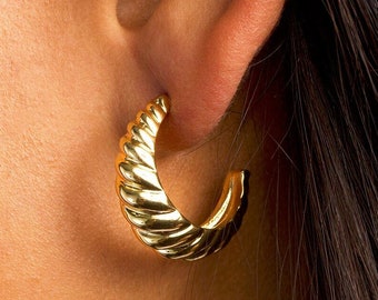 Chunky Croissant Hoop Earrings - Ribbed Hoops Sterling Silver and 14k Gold