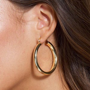 Gold Large Hoop Earrings - Big 14k Hoops - Thick Light Weight Modern Hoops
