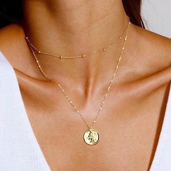 Custom Astrology Sign Necklace, Zodiac Sign on Disk Coin Pendant Necklace, Gold Zodiac Birthday Gift Necklace, Zodiac Disk Charm Necklace