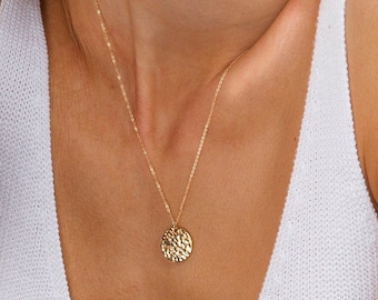 Hammered Circle Gold Coin Necklace - Round Medallion Pendant Jewelry