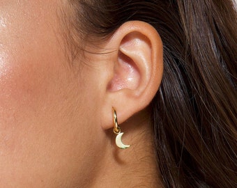 Moon Earrings, Gold Moon Hoops, Moon Hoop Earrings, Huggie Hoop Earrings, Charm Earrings, Gold Earrings, Earrings, Gift for Women, Earrings