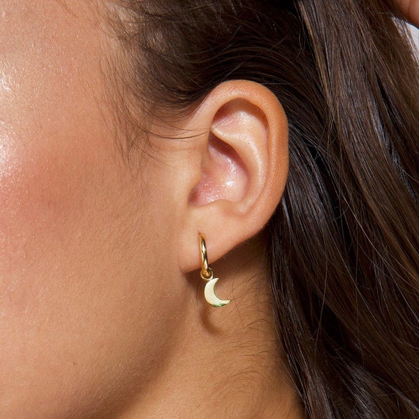 Moon Earrings, Gold Moon Hoops, Moon Hoop Earrings, Huggie Hoop Earrings, Charm Earrings, Gold Earrings, Earrings, Gift for Women, Earrings