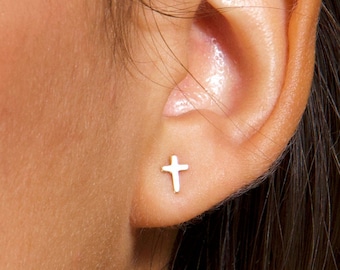 Dainty Cross Stud Earrings - Tiny Sterling Silver and Gold Jewelry