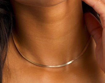 Gold Herringbone Necklace - Sterling Silver Snake Chain Gift for Women