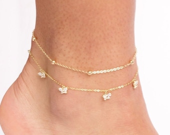 Gold Layered Anklet, Butterfly Satellite Layering Anklet, Double Strand Pendant Chain Anklet, Chain Anklet, Minimalist Tiny Beaded Anklet