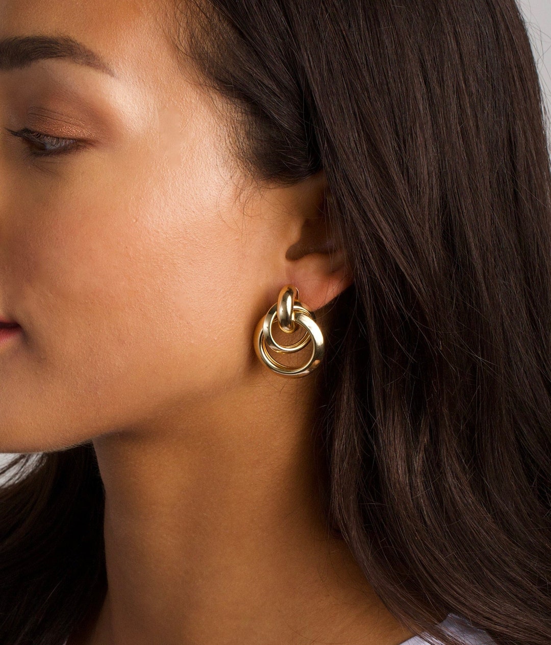 Circle Gold Earrings, Round Dangle Gold Earrings, Multiple Loop Earrings, Interlocking Hoop ...