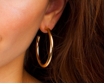 May include: A close-up of a person's ear wearing a large, gold hoop earring. The earring is thick and has a smooth, polished finish.